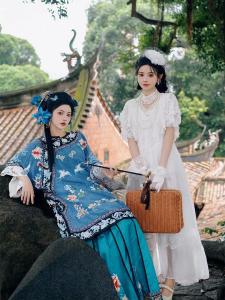 Original Qing Han Womens Gege Suit Set with Slanted Collar And Ladys Lapel Elegant French Style Light Wedding Dress for Young Ladies