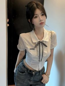 GUZILIAN | เสื้อสเวตเตอร์แขนสั้นทรงเข้ารูปสไตล์เกาหลี JK สำหรับผู้หญิงในฤดูร้อน ทรงเข้ารูป เอวสูง แขนสั้น แขนสั้น เสื้อผ้าทำงานสไตล์ฝรั่งเศส