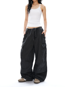 S3T5 American Style Vintage Washed Multi-Pocket Work Pants Womens Loose Casual Wide Leg Long Trousers Trendy Straight Tube