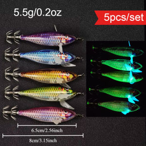 5Pcs Luminous Squid Jig Fishing Lure Laser Scale 8cm Glow Shrimp Bait for Cuttlefish Octopus Saltwater Wood Shrimp Eging Tackle
