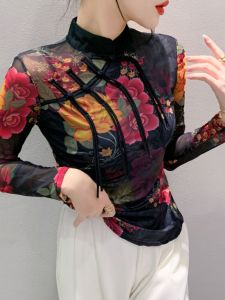 เสื้อยืดแขนยาวคอตั้งสไตล์ย้อนยุคสำหรับผู้หญิง เสื้อเชิ้ตชั้นในผ้าตาข่ายสไตล์ฤดูใบไม้ร่วง เสื้อเชิ้ตคอตตอนผสมโพลีเอสเตอร์