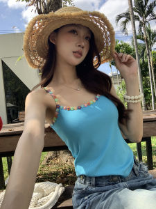 Knitted Sleeveless Top Blue Design French Style Short