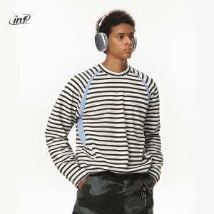 Lạm phát Thương hiệu tương phản sọc nối dài tay mùa thu sản phẩm mới hợp thời trang thương hiệu đường phố Mỹ Cổ Tròn T-Shirt hàng đầu cho nam giới