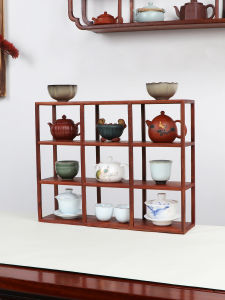 New Chinese Style Tea Set Display Stand Multi-Functional Solid Wood Tea Pot Rack Grid Shelf Home Decorative Accessories Shelf