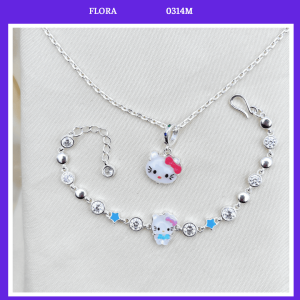 FLORA 0314M - Set bạc ta dây chuyền lắc tay hình mèo Hello Kitty dành cho bé gái