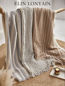 ELIN LONYAIN | Minimalist Blue Four-layer Cotton Knitted Fringe Throw Blanket