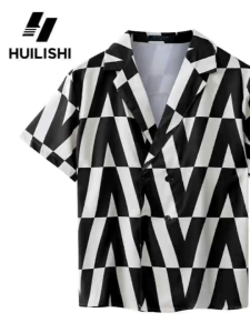 Korean retro houndstooth short-sleeved shirt mens loose Korean version of niche design ins Internet celebrity light mature style shirt Drape Silky Suit Collar