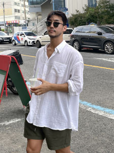 White Cotton Linen Feel Casual Loose Fit Lightweight Mens Long Sleeve Shirt Spring Summer Trendy Outerwear Jacket