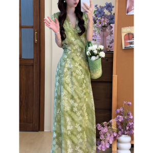 LIRENQING | Vintage Green V-neck Floral Dress Slim-waist Summer Holiday Style