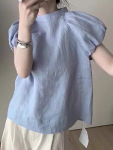 YUFUQING | French Vintage Blue Collared Cotton Lin Short Sleeve Bubble Sleeve Round Neck Loose Fit Top Fashionable Design Spring Summer