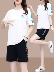 ชุดกางเกงขาสั้นสองชิ้นสำหรับผู้หญิง ฤดูร้อน 2025 แฟชั่นใหม่ ลดอายุ บาง หลวม กระชับสัดส่วน ลำลอง ออกกำลังกาย รำ สองชิ้น