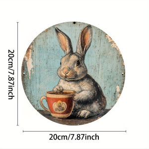 CIFbuy | Vintage Rabbit & Coffee Metal Tin Sign 8x8in Round Aluminum Wall Art Rustic Green Bunny & Coffee Cup Design Easter Home Decor