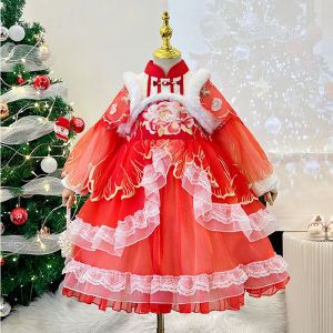 Girls Fleece Lined Princess Dress Autumn Winter New Style Fashionable Red Peony New Year Clothes Childrens Dress Cotton Blend Fabric