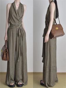 French Style Retro Elegant Suit Stylish Tie-Neck Plaid Halterneck Vest High Waist Wide Leg Casual Trousers Two-piece Set