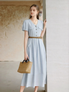 XIANGYING | Slimming V-neck Blue Dress