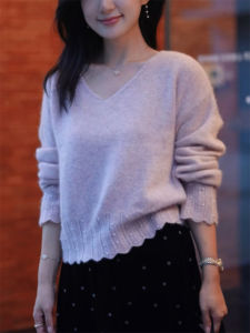QINGNAER | French Style Large Size Lavender Lace V-Neck Long Sleeve Knitwear