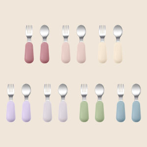 2PCS Baby Silicone Stainless Steel Fork Spoon Portable Baby Tableware Feeding Training Baby Utensils Solid Color Baby Stuff