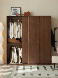 YUANSHI YUANSU | Solid Wood Oak Wardrobe Black Walnut Color Bedroom Sliding Door Closet