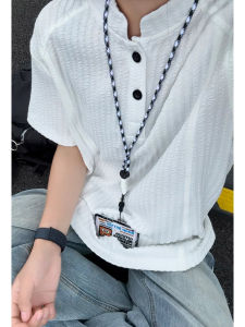 White Quick-Dry Ice Silk Polo Shirt Mens Summer Short Sleeve Henry Collar High Street American College Style CleanFit T-Shirt