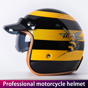 New Retro Motorcycle Helmet Yellow Bee 3/4 Shell Motorcycle Built-In Windshield with Hat Brim Vintage Style Cycling Safety Gear