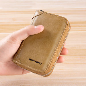 BANYANU Small RFID Blocking Card Holder Case Zipper Genuine Leather Wallet for Men Travel Gifts