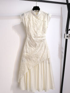 New Chinese Style National Trend Fake Two-Piece Asymmetrical Hem Tencel Sleeveless Cheongsam Dress Women Summer Fashion