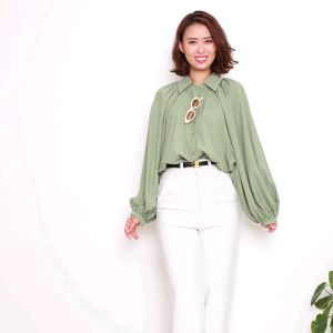 3385 Korean Drama Office Lady Shirt Balloon Sleeves full Button long Sleevs bergaya fashion blouse fit size M L XL Baju Kemeja Crepe Flowy Lembut Soft sage green white black bronze