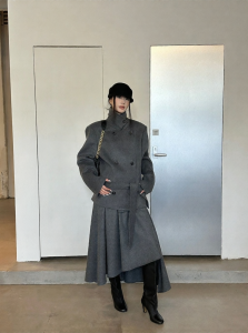VENUIE | Gray Double Breasted Short Slim Fit Wool Coat