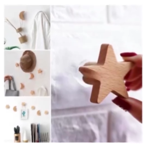 Wooden Wall Hook Star Moon Shaped Key Bag Coat Rack Punch-free Wall Hanger Kids Room Decorative