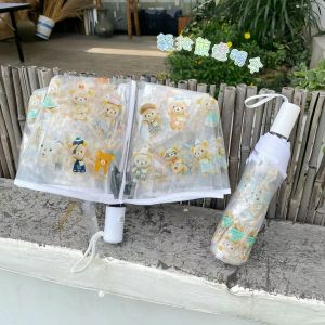 Japanese Style Pine Bear Transparent Umbrella Long Handle Three Fold Automatic Internet Celebrity Straight Handle Cute Foldable Kids Adult Thickened Female