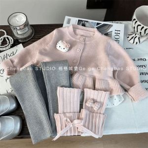 Girls Knitted Sweater And Pants Set Red Christmas Theme Two-Piece Suit for Babies Cotton Material Warm And Comfortable