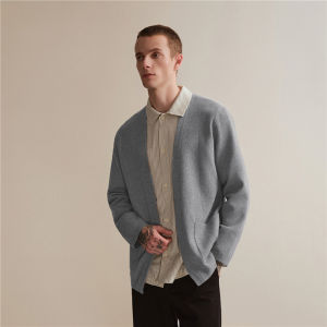 Loose Fit Knitted Cardigan Mens Double Pocket Buttonless Designer Style Casual Winter Outerwear Soft Nylon Blend V-Neck