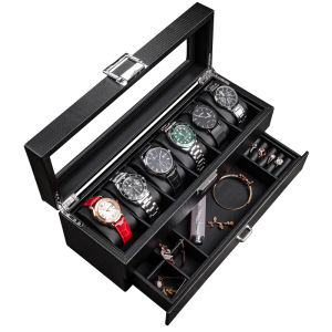 Carbon Fiber Pattern Leather Double Layer Watch Storage Box Large Capacity For Home Ring Cufflinks Jewelry Wrist Watch Storage Collection