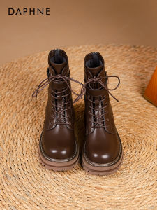 Daphne Martin Boots Womens Fall Trend British Style Laced Brown Thick Bottom Short Boots Casual round Toe Rubber Outsole