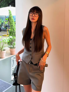 Korean Style Grey V-Neck Sleeveless Single Button Suit Vest Womens High Waist Wide Leg Shorts Set Summer New Fashion