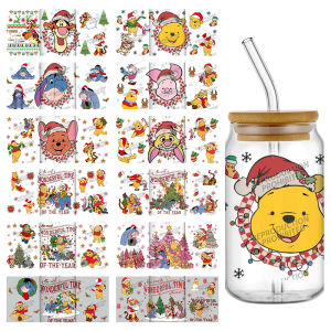 12 Designs Disney Pooh Bear Christmas Theme 16oz UV DTF 3D Phone Sticker Decals Wraps Glass Can Cups Creative Craft DIY Gifts