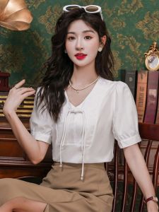 New Chinese Style Loose Fit Short Sleeve Shirt Womens Summer Casual Fashion Button up Top plus Size Slimming Belly Covering