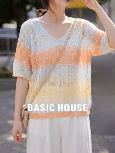 Basic House | Colorful Hollow Out Sequin V Neck Thin Summer Knitted Top