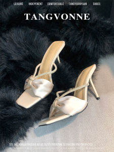 เรียบหรู ฤดูร้อน หัวเหลี่ยม สีนู้ด รองเท้าแตะส้นสูงหัวเข็มขัดเพชร ส้นบาง รองเท้าแตะครึ่งกลางแจ้ง ผู้หญิง รองเท้าเท่ๆ