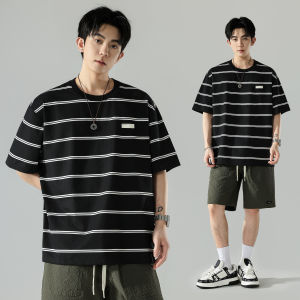 Wood soon | Color Blocked Striped T-Shirt Round Neck Short Sleeve Loose Retro Casual