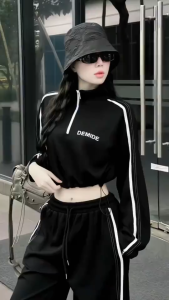 Set đồ cá tính năng động set thu đông bộ đồ Nỉ áo croptop tay dài rút eo mix quần dài sọc suông