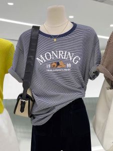Striped Short Sleeve T-Shirt Womens Loose American Retro Letter Fashion Versatile Summer New Style Cotton Classic round Neck