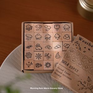 Mini 25pcs Weather Emotion Stamp Set Childrens Cute Date Punch DIY Decoration Journaling Stamp Collection Student Supplies