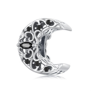 BAMOER 925 Sterling Silver Dark-night-style Moon Bead for Women Bracelet DIY Black Zircon Charm Fashion Jewelry SCC2370