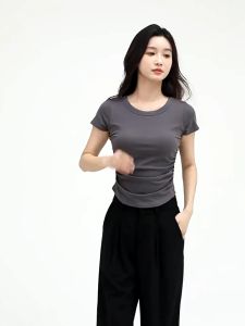 【SG stock】 Premium Round Neck Cropped Bra Top Padded Top T-shirts Short Sleeves Sewing Waist BT57