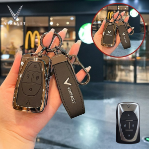 Vỏ bọc chìa khóa ô tô thông minh bằng da thật màu xám hợp kim kẽm bảo vệ dây xích cho VinFast VF 6 7 8 9 E34 VF6 VF7 VF8 VF9 VF31 VF32 VF33 2022 2023 2024 2025 2026 nút giữ điều khiển từ xa không cần chìa khóa