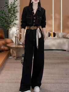 Shalldoer | Retro Elegant Long Sleeve One-Piece Suit For Women Autumn New Design Slimming Straight Leg High Waist Casual Style T-Shirt