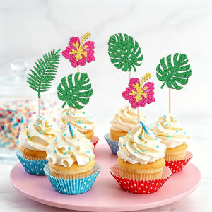 YOMDID 24Pcs Hawaiian Cupcake Toppers Glitter Summer Hibiscus Monstera Cake Picks for Luau Party Dessert Table Decorations