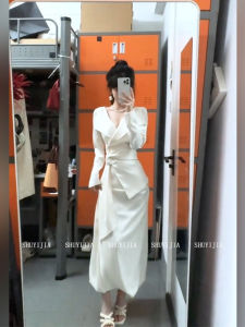 Syj Shuyijia French Style V-neck Shirt Womens High Waist Bloomer Halves Skirt Two-piece Set plus Size Commute Fashion