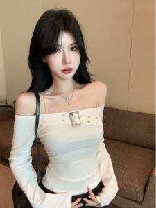 GUZILIAN | American Style Hot Girl One Shoulder Long Sleeve T-Shirt Womens Slim Fit Metal Buckle Design Autumn New Arrival Sweet Style